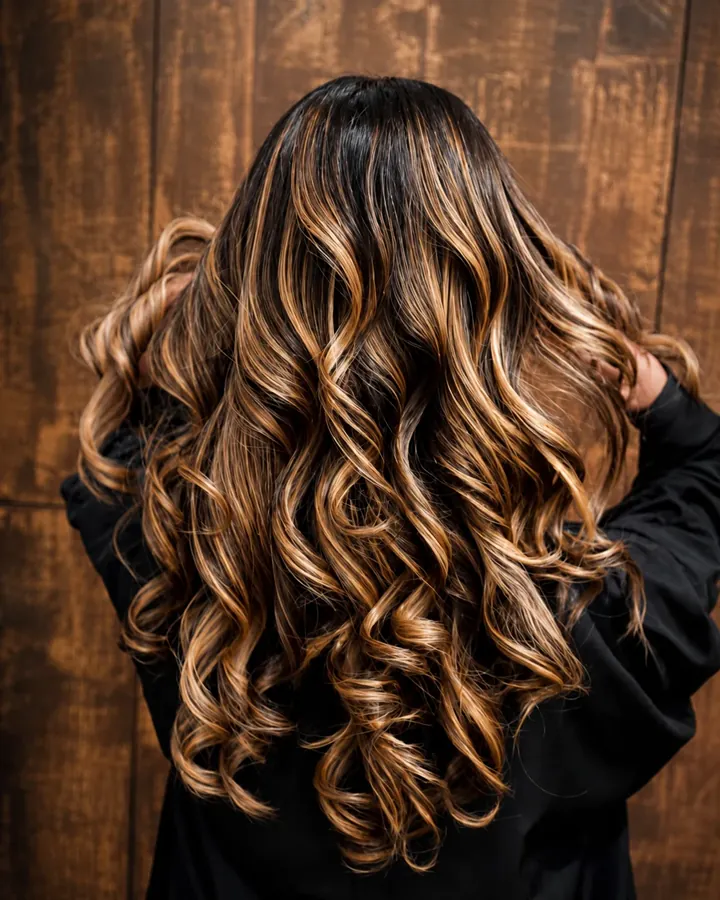 Caramel balayage σε μακρύ κυματιστό μαλλί — GK Hair Salon